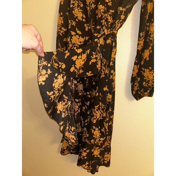 C+D+M Boho Preppy Professional Old Money Black & Gold Floral Wrap Dress - Picture 7 of 14